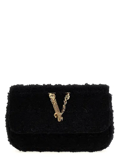 Versace Logo Tweed Crossbody Bag In Black