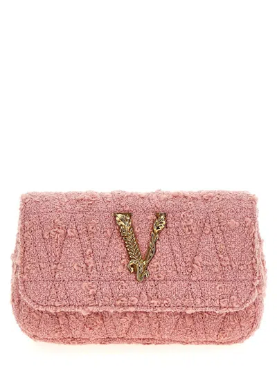 Versace Logo Tweed Crossbody Bag In Pink