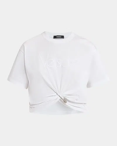 VERSACE LOGO TWIST SAFETY-PIN CROP T-SHIRT
