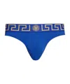 Versace First Line Logo Stretch Cotton Thong In Blue