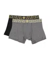 Versace Logo Waistband Stretch Hosiery Greek Key In Gray