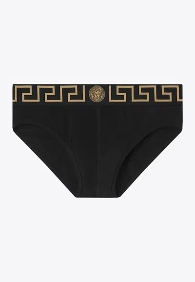 Versace Logo-waistband Briefs In Black