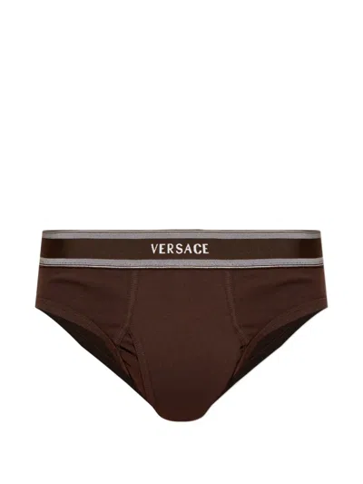 Versace Logo Waistband Briefs In Brown