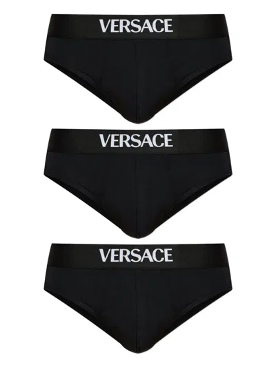 Versace Logo-waistband Briefs (pack Of Three) In Black