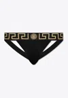 Versace Stretch Cotton Jock Strap With Medusa Greca Logo In Black