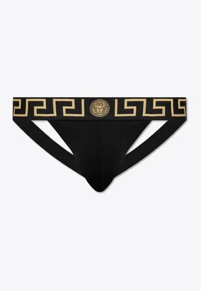 Versace Logo-waistband Jockstraps In Black