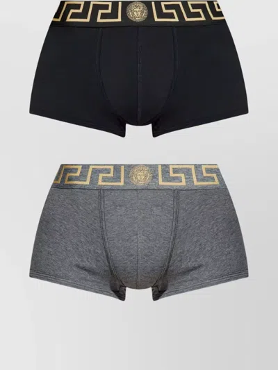 Versace Logo Waistband Stretch Hosiery Greek Key In Black