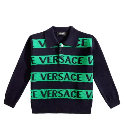 Versace Kids' Logo Wool Polo Sweater In Green