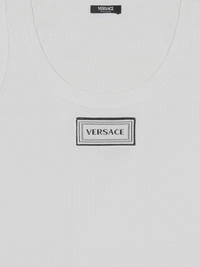 Versace Logo-appliqué Stretch Cotton Tank Top In White