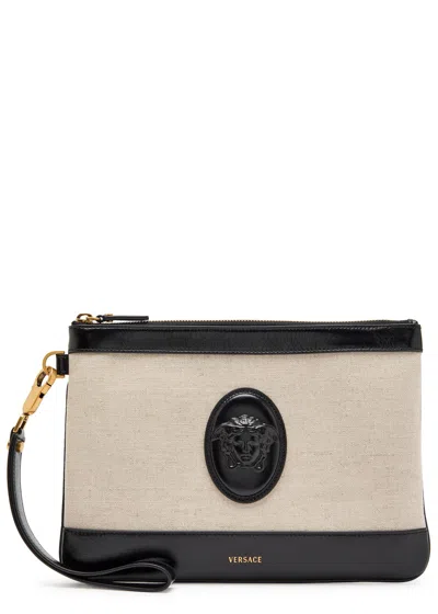 Versace Logo-appliquéd Leather And Canvas Pouch In Beige