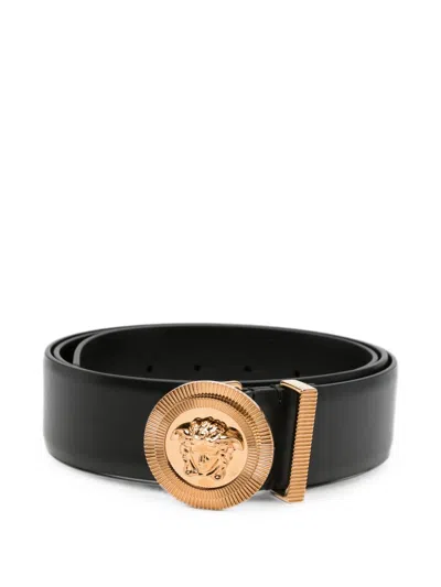Versace Logo-buckle Leather Belt In Black
