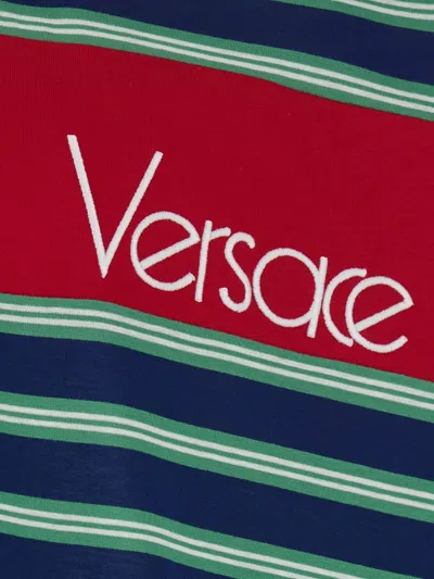Versace Logo-detail Striped Long-sleeve Polo Shirt In Multi