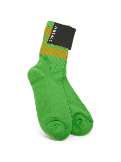 Pre-owned Versace Logo-detail Striped Socks In Green