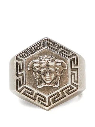 Pre-owned Versace Logo-details Ring In Silver