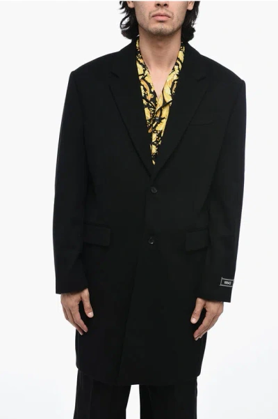 Versace Logoed Virgin Wool Coat With Notch Lapel In Black