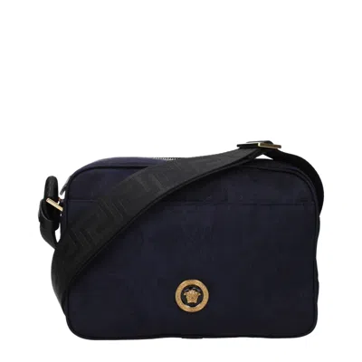 Versace Logo-embellished Fabric Crossbody Bag In Blue