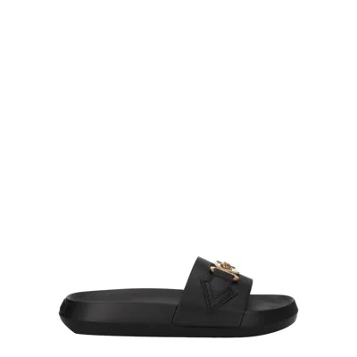 Versace Logo-embellished Leather Slider In Black