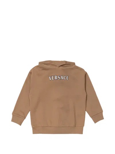 Versace Kids' Logo-embroidered Cotton Hoodie In Brown