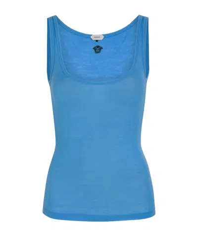 Versace Logo-embroidered Cotton Tank Top In Blue