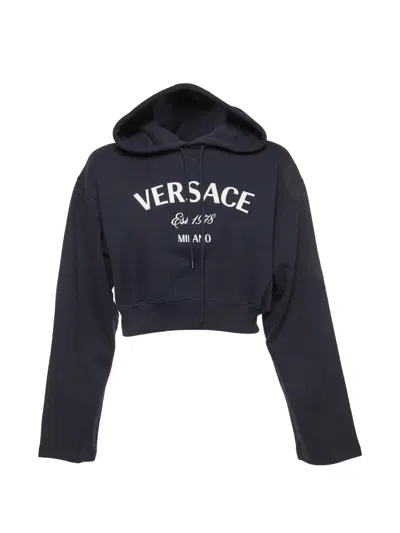 Pre-owned Versace Logo-embroidered Cropped Hoodie In Blue
