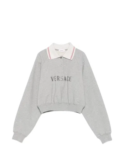 Versace Logo-embroidered Cropped Sweatshirt In Gray