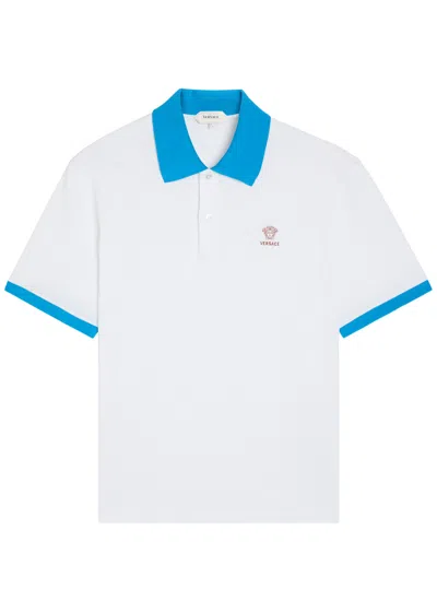 Versace Logo Embroidered Piqué Polo Shirt In White