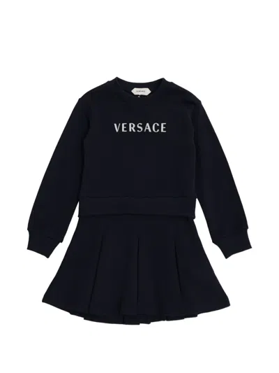 Versace Kids' Logo-embroidered Pleated Dress In Blue