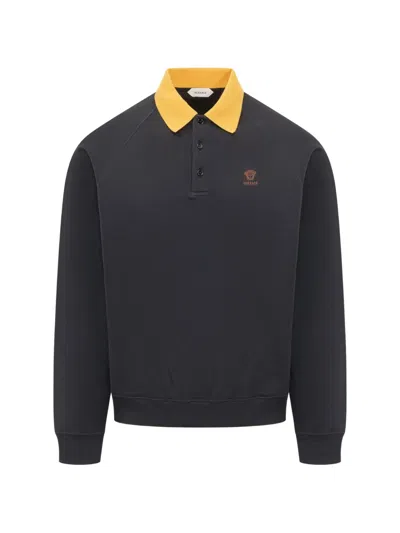 Versace Logo-embroidered Polo-collar Sweatshirt In Black