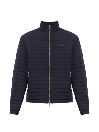 Versace Logo-embroidered Puffer Jacket In Blue