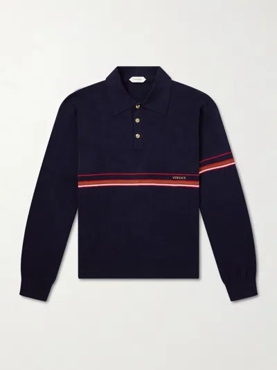 Versace Navy Blue Cotton Knit Polo Shirt With Embroidered Logo In Black