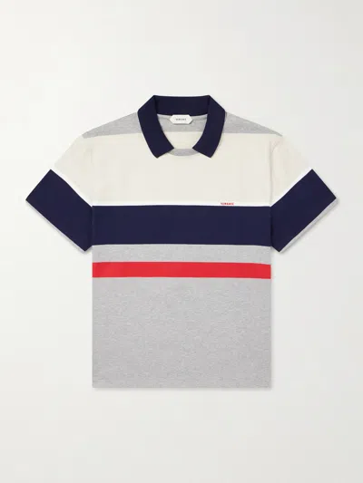 Versace Logo-embroidered Striped Cotton-jersey Polo Shirt In Gray