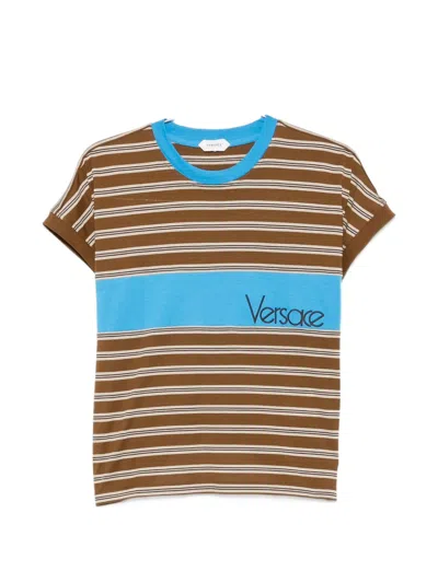 Versace Logo-embroidered Striped T-shirt In Multi