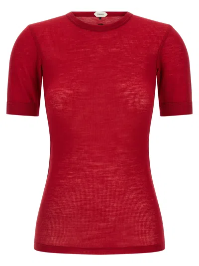 Versace Logo-embroidered Virgin Wool T-shirt In Red