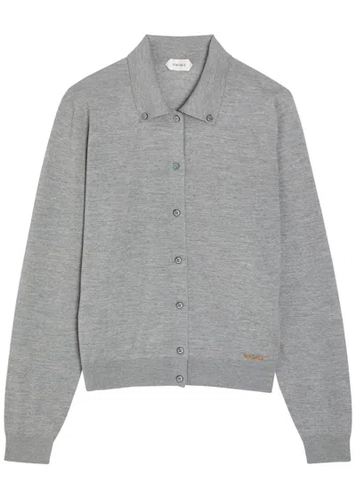 Versace Logo-embroidered Wool Cardigan In Gray