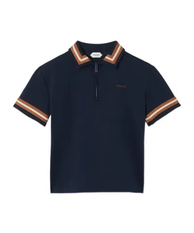 Versace Logo-embroidered Zip-up Polo Shirt In Black