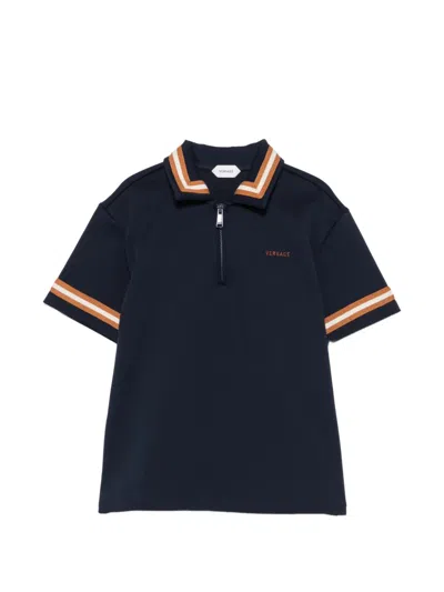 Versace Kids' Logo-embroidered Zip-up Polo Shirt In Blue