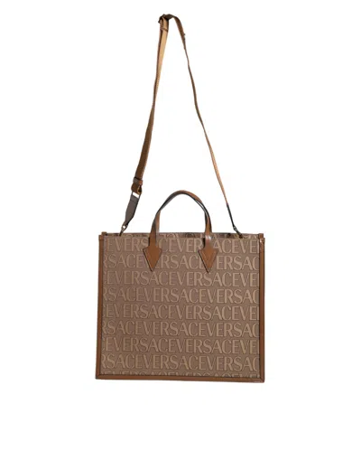 Versace Logo-jacquard Cotton-viscose Tote Bag In Brown