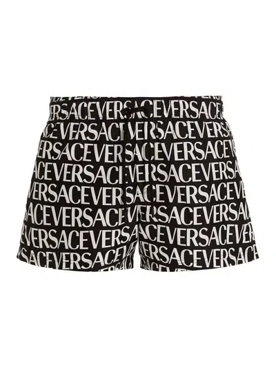 Versace Monogram Printed Nylon Swim Shorts In Black