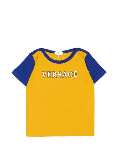 Versace Babies' Logo-print Colour-block T-shirt In Yellow