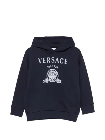 Versace Kids' Logo-print Hoodie In Blue
