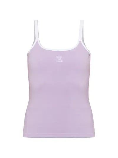 Versace Embroidered-logo Stretch Cotton-jersey Tank Top In Purple