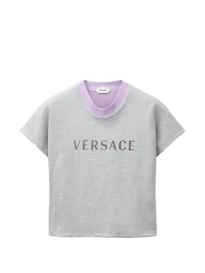 Versace Reversible Logo Print Ribbed-trim Mini T-shirt For Women In Gray