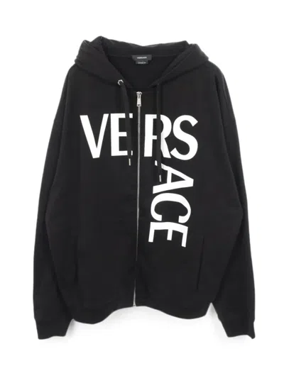 Pre-owned Versace Logo-print Zip-up Cotton Hoodie In Black