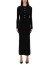 Versace Long Fitted Wool Dress With Gold-tone Button In Blue