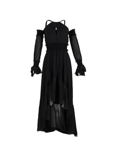 Pre-owned Versace Long-sleeve Asymmetric Midi Dress In Black