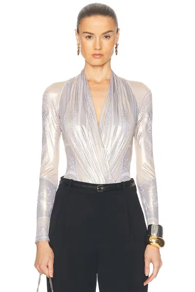 Versace Long Sleeve Bodysuit In Silver Grey & Champagne