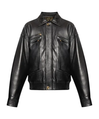 Versace Long Sleeve Leather Jacket In Black