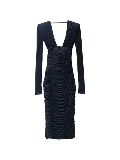 Versace Long-sleeve Ruched Midi Dress In Blue