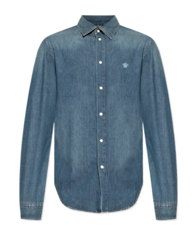 Versace Medusa Patch Denim Snap-up Shirt In Blue