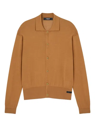 Versace Long Sleeve Tailored Sweater With Medusa Buttons In Brown